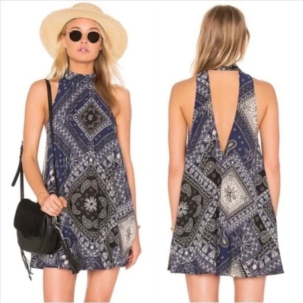 Free People Navy Blue Bandana Print Mini Dress